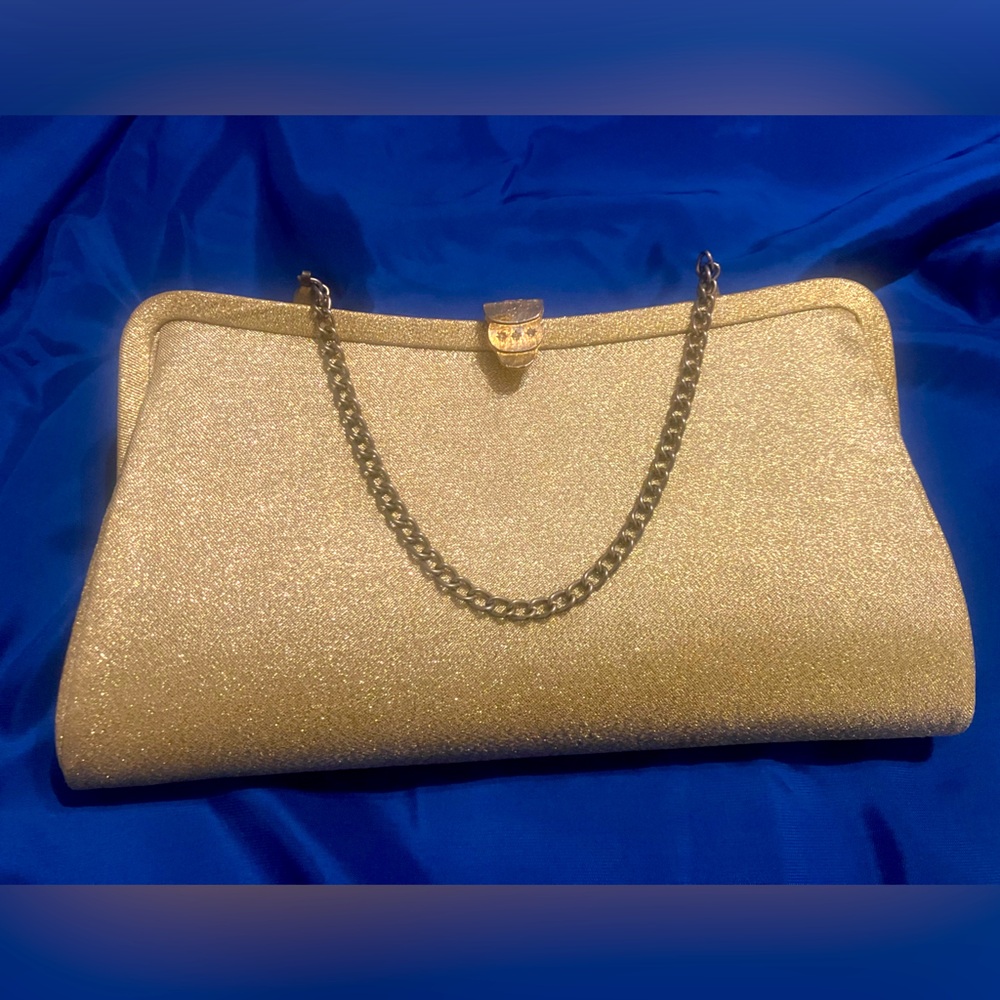 Vintage Admiral Gold-Tone Metallic Fabric  Clutch Evening Bag with Chain